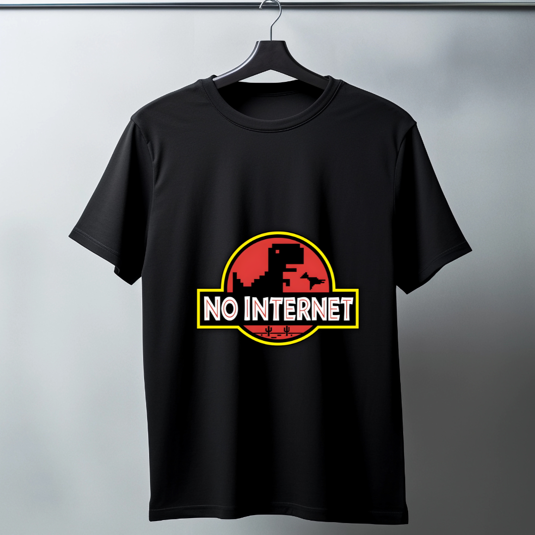 Black t-shirt with 'No Internet' graphic on a hanger against a gray background
